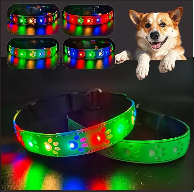 LED Light Up Dog Collar, USB-C Rechargeable, Multicolor Paw Print Design, 15 Modes Lighting Night Safety (Black Pro, S(7.87-11.8″))