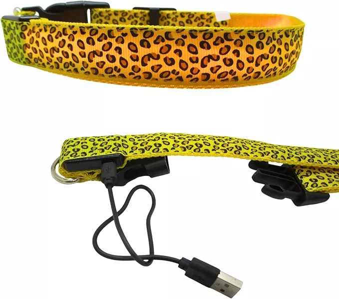 Leopard Dog Collar – Glow in The Dark USB Collar with Rechargeable Battery + Waterproof Design – Light Up Dog Collar – Yellow (Large Size)