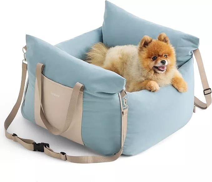 Lesure Small Dog Car Seat for Small Dogs – Soft Dog Booster Seat for Car with Storage Pocket and Clip-On Safety Leash and Thickened Memory Foam Filling, Pet Travel Carrier Bed, Light Blue