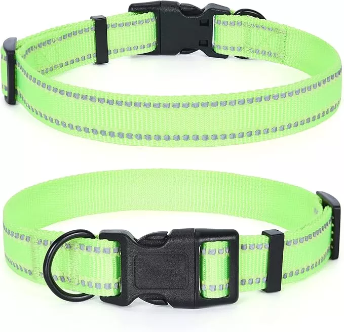 Mile High Life Reflective Dog Collar, Basic Dog Collars Adjustable Quick Release, Soft Nylon Pet Collar with Metal D-Ring for Small Medium Large Dogs (Green, M Neck13-17")