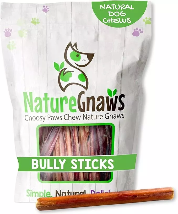 Nature Gnaws Thin Bully Sticks for Dogs 5-6″ (8oz) – Mixed Thickness – Long Lasting for Small Dogs and Puppies – Natural Thin Beef Dog Chew Bones – Rawhide Free