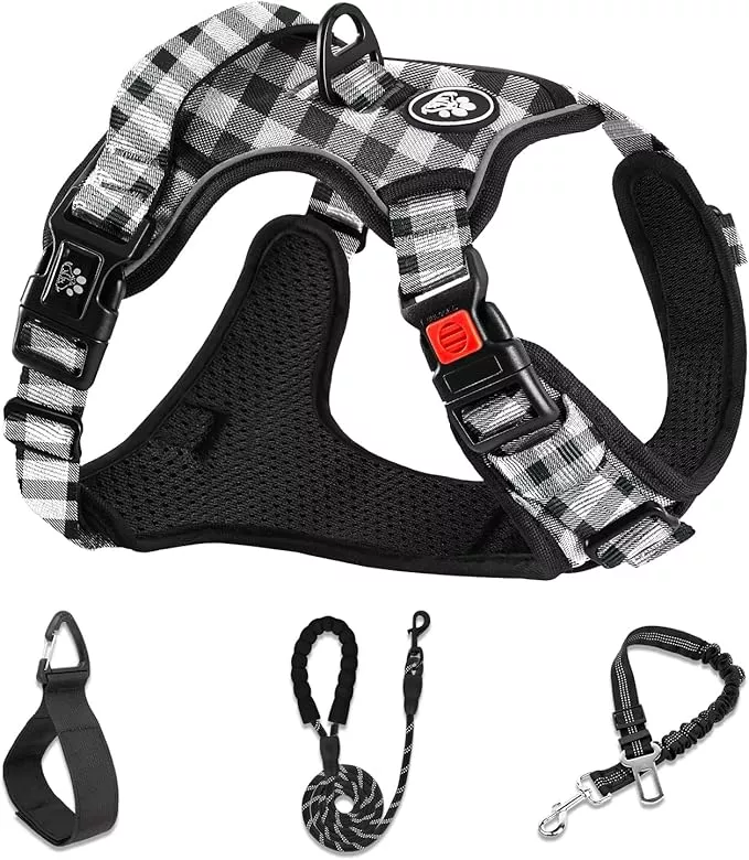 NESTROAD Dog Harness (Checkered Black,S) with Leash, Reflective, Adjustable, Soft Padded, Easy Control Handle, for Small Dogs, Front & Rear Clip Design