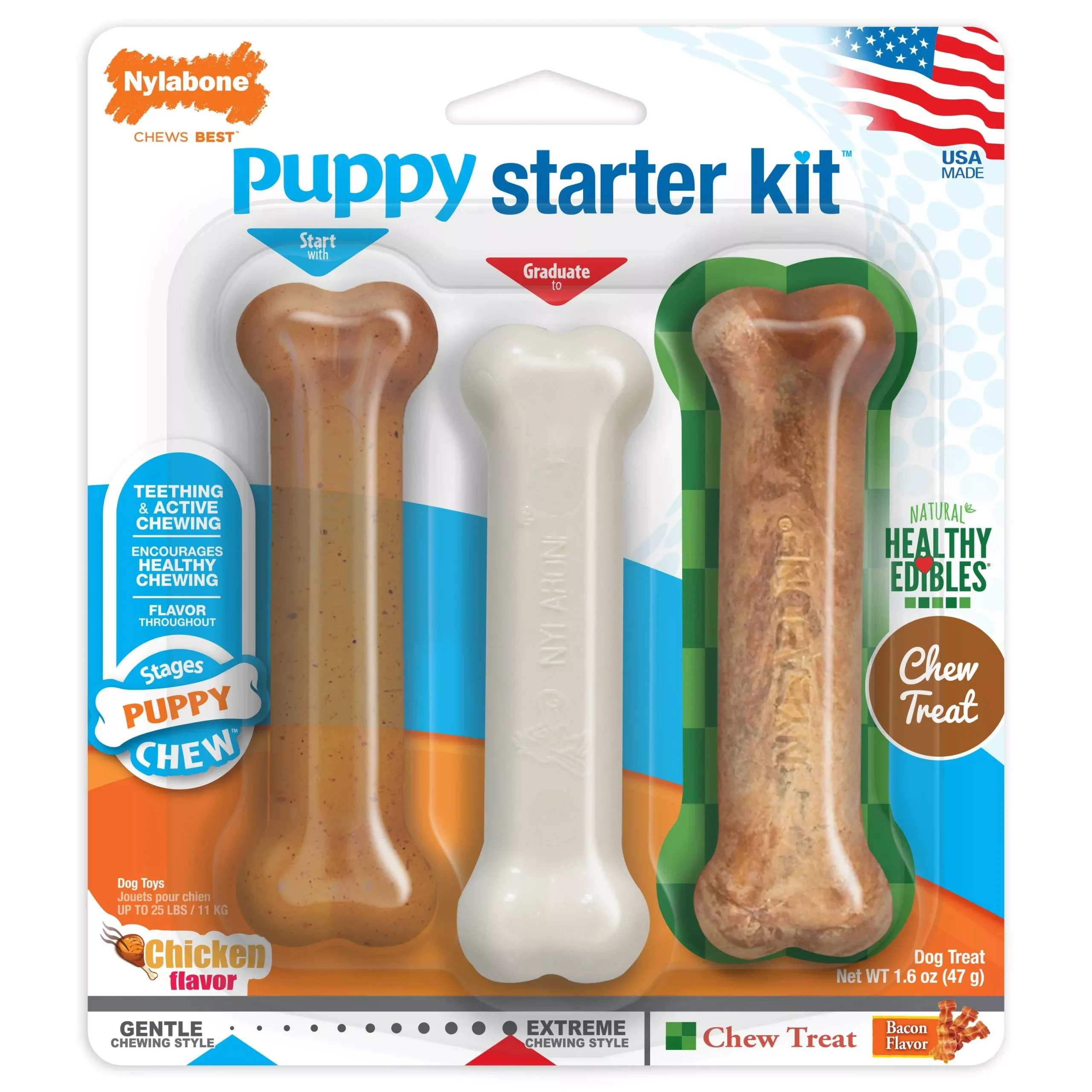 Nylabone Puppy Starter Kit (Puppybone/Edible Bacon/DuraChew Chick) Regular