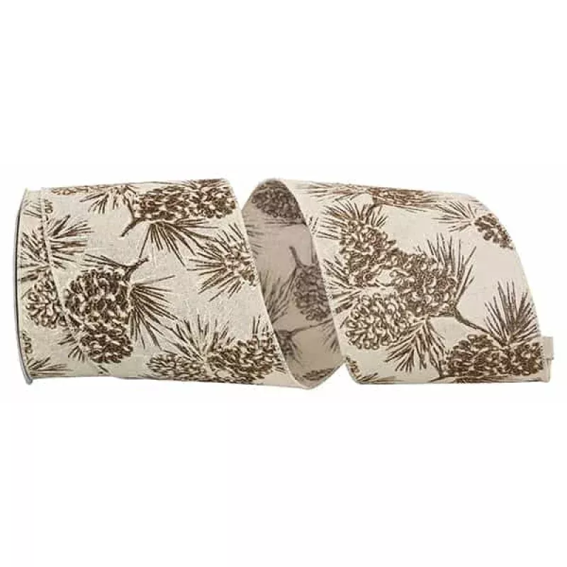 Pinecone Glitter Outlines Linen Wired Edge Ribbon – Ivory