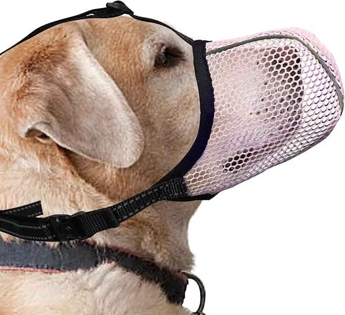Pink Dog Muzzle, Breathable Soft for Large Dogs to Anti & Prevent Barking Biting Chewing, Reflective & Adjustable Basket Muzzle with Air Mesh for Doberman Pink XL