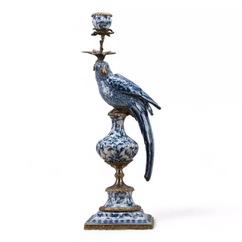 Porcelain Parrot Candle Holder With Bronze Ormolu Blue Right