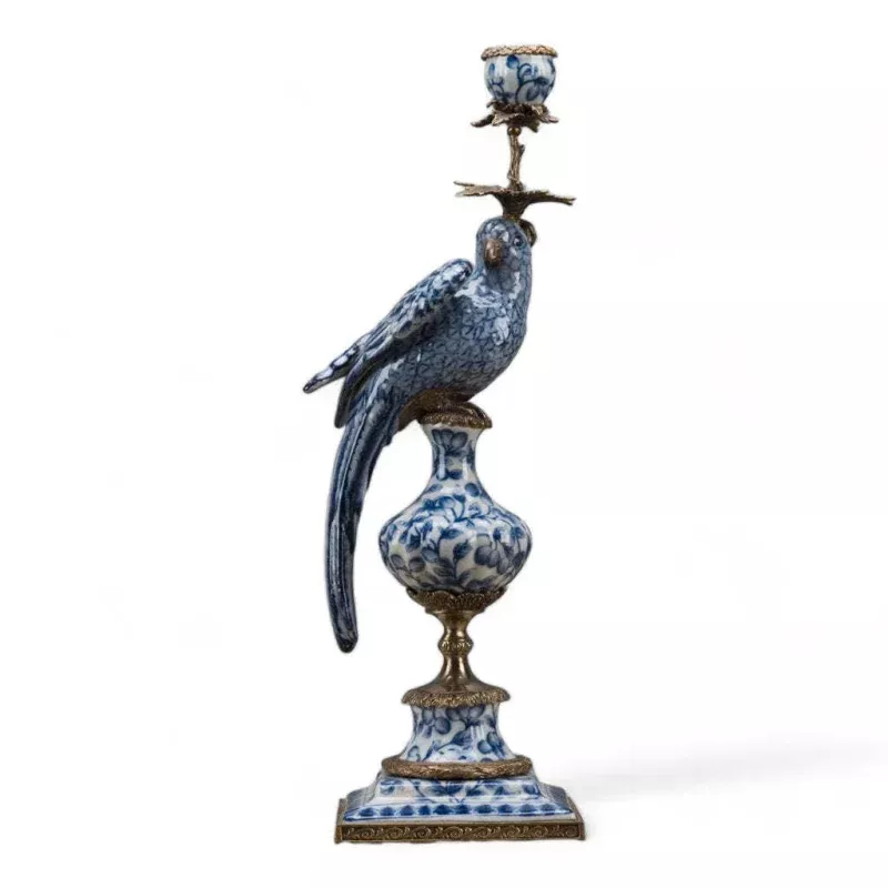 Porcelain Parrot Candle Holder With Bronze Ormolu Blue
