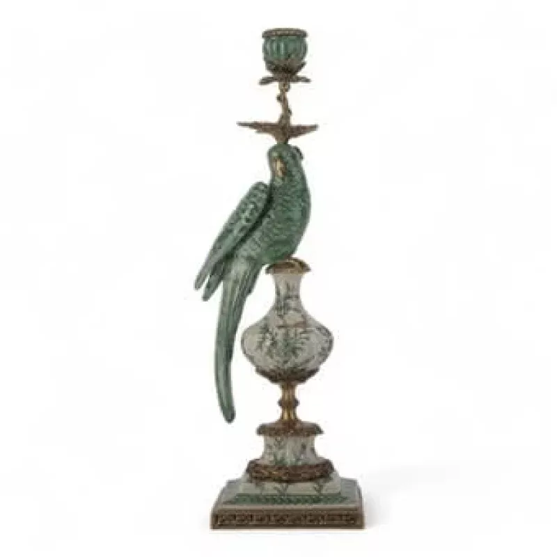 Porcelain Parrot Candle Holder With Bronze Ormolu – Green Bird Left