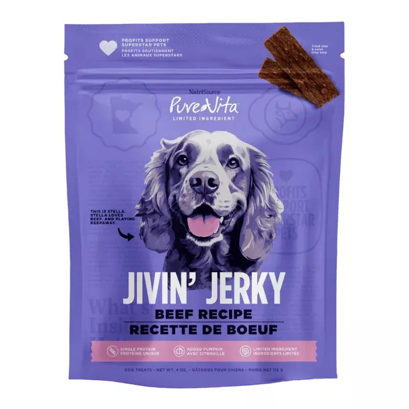 Pure Vita Beef Jivin’ Jerky, Dog Treats, 4-oz Bags