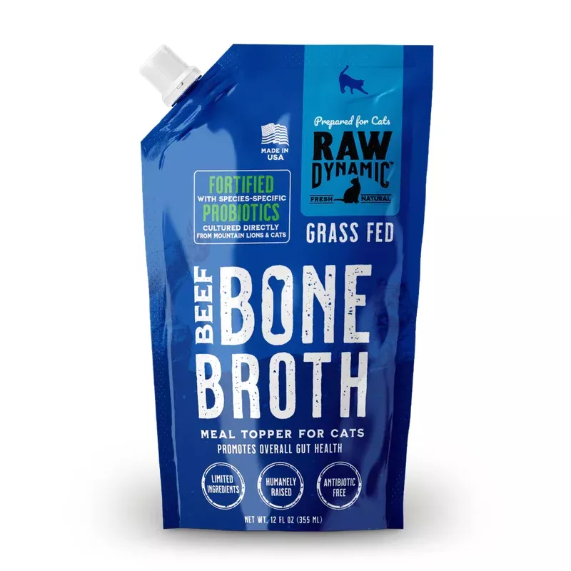 Raw Dynamic Grass Fed Beef Bone Broth For Cats, Meal Topper, 12-oz Pouch