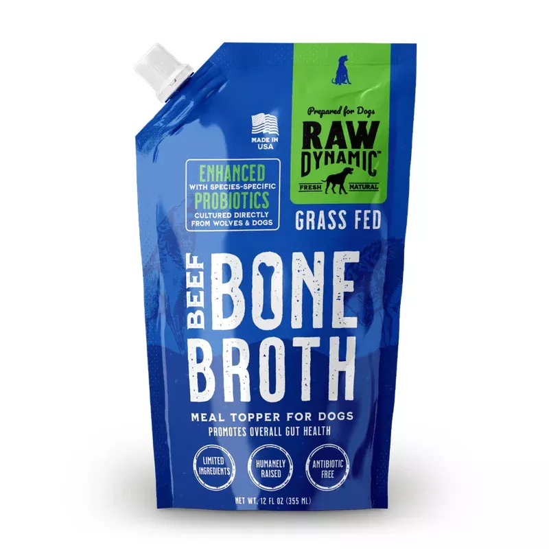 Raw Dynamic Grass Fed Beef Bone Broth For Dogs, Meal Topper, 12-oz Pouch