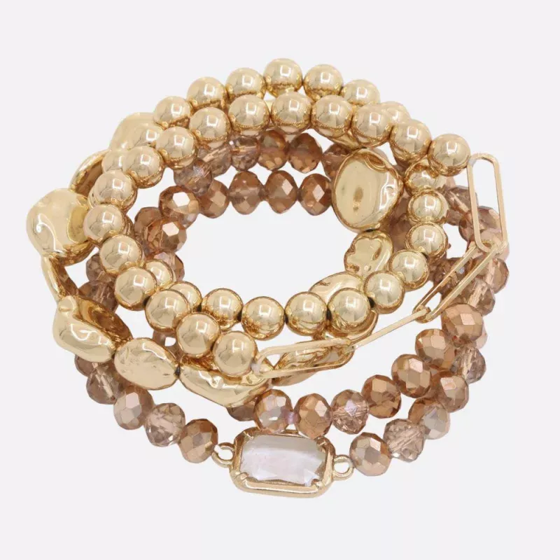 Rectangle Charm Beaded Bracelet Set – Gold