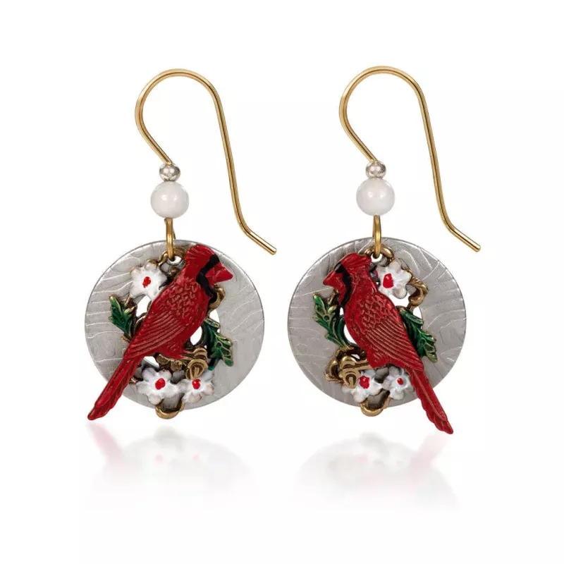Red Cardinal with Flowers Drop Earrings