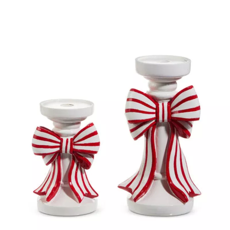 Red and White Stripe Bow Candle Holders – Sold Individually