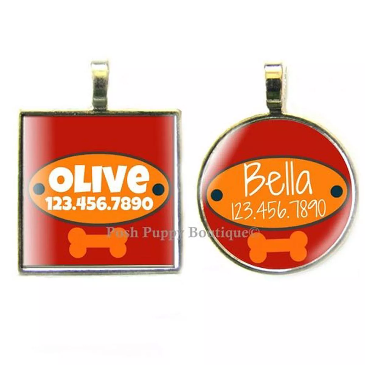 Red with Orange Bone Custom Silver Pet ID Tag