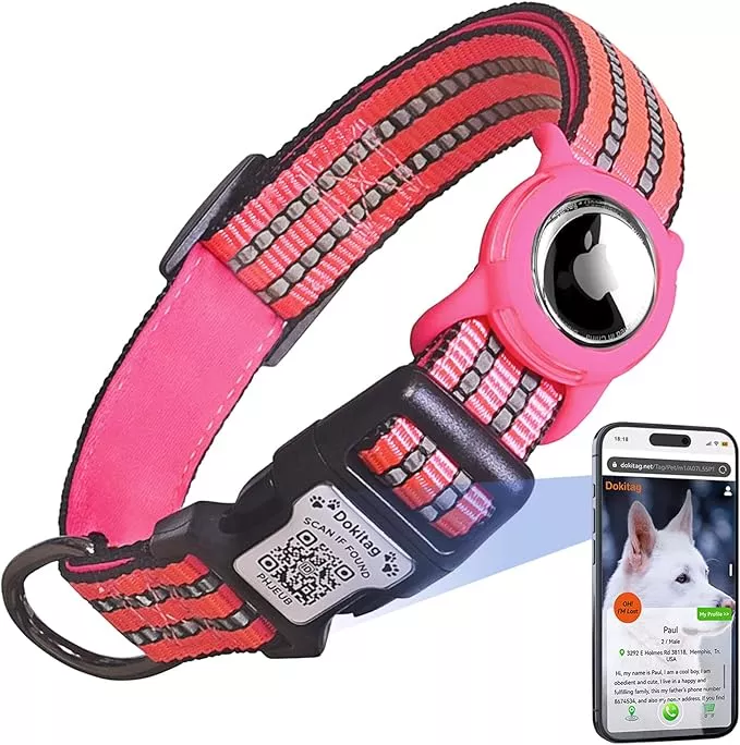 Reflective Dog Collar with Apple AirTag Holder & QR Code Pet ID Tag,Soft Nylon Adjustable Dog Tracker Collar with Safety Lock for Large Dogs(Blue, L(16"-26"))
