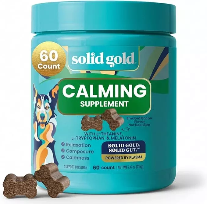 Solid Gold Calming Chews for Dogs – Dog Calming Chews W/Melatonin for Separation, Stress & Hyperactivity Relief – Supports Relaxation for Travel, Fireworks & Storms – All Ages & Sizes – Bacon – 60ct