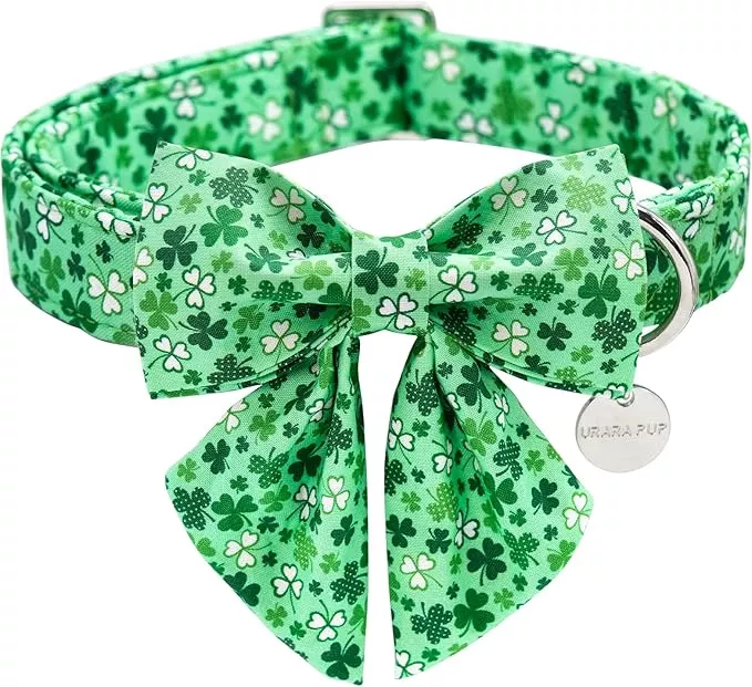 St. Patrick’s Dog Collar with Bow Tie, Cotton St. Patrick’s Bowtie Collar for Small Girl Boy Dog, Lucky Shamrock Dog Collar with Metal Buckle, Green, Spring, S
