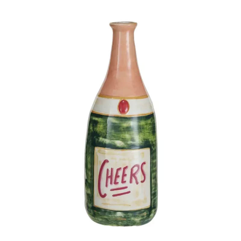 Stoneware Champagne Bottle Shaped Vase Cheers, Multi Color