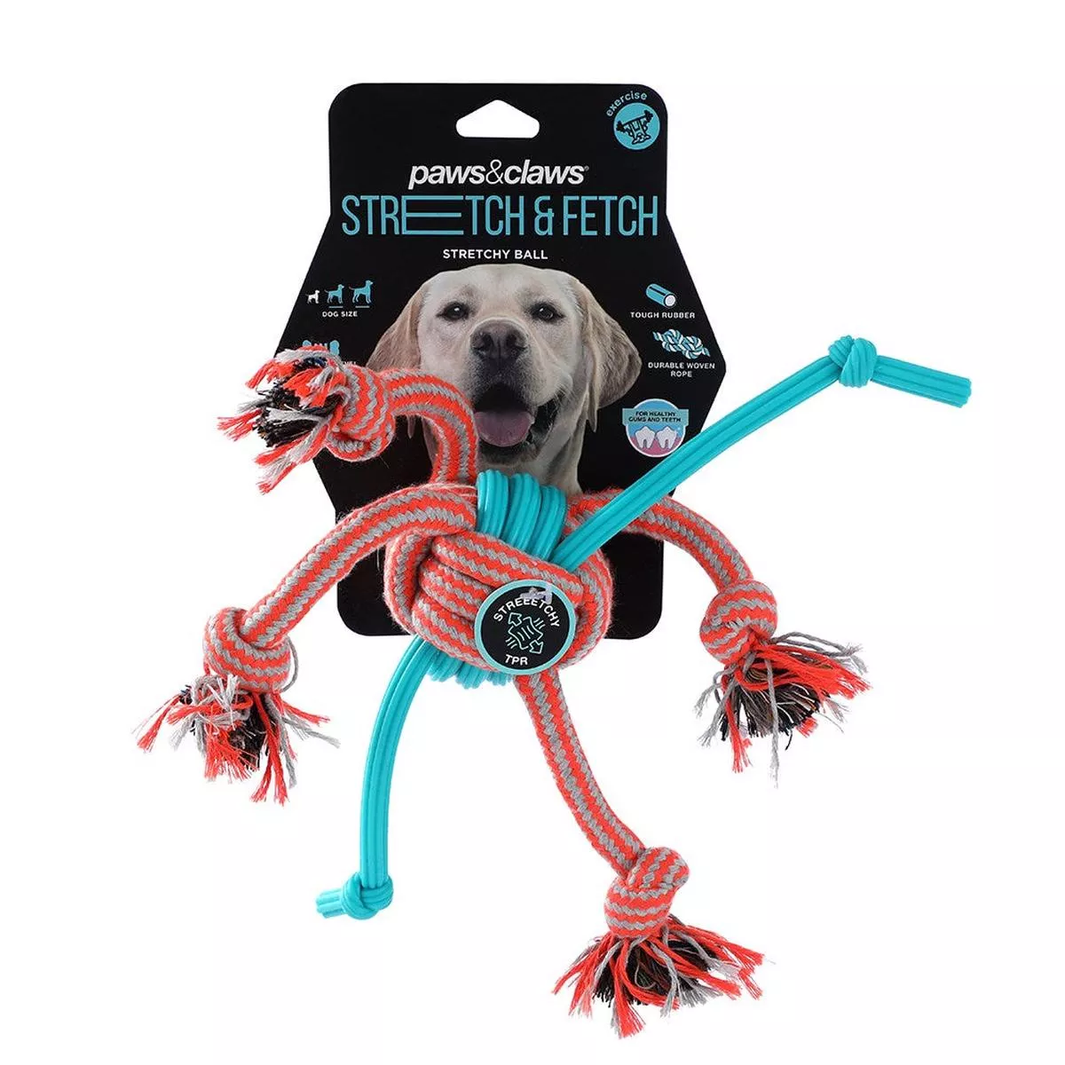 Stretch & Fetch TPR & Braided Rope Ball Dog Toy30cm