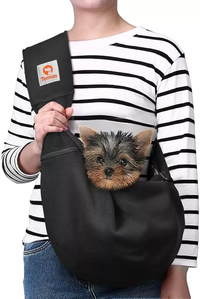 Tomkas Small Dog Sling Carrier – Adjustable Strap & Zip Pocket – Suitable for Puppies (Black)