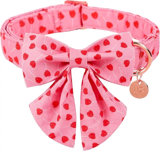 Valentine Dog Collar with Bow Tie, XL, Cotton Collar with Durable Metal Buckle, Red Heart, Neck 16-26in