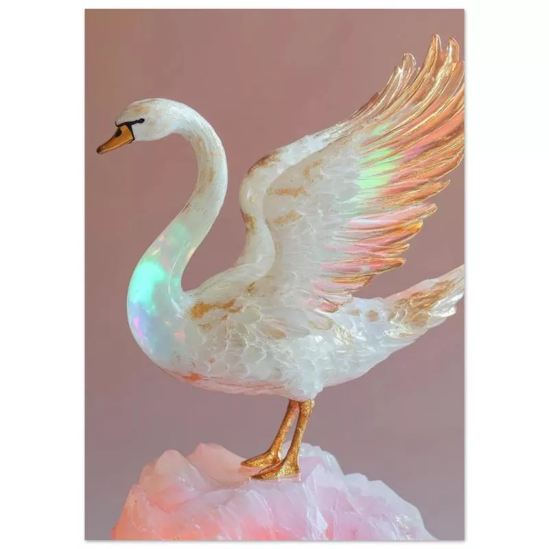 A white opal swan with wings on a pink rock