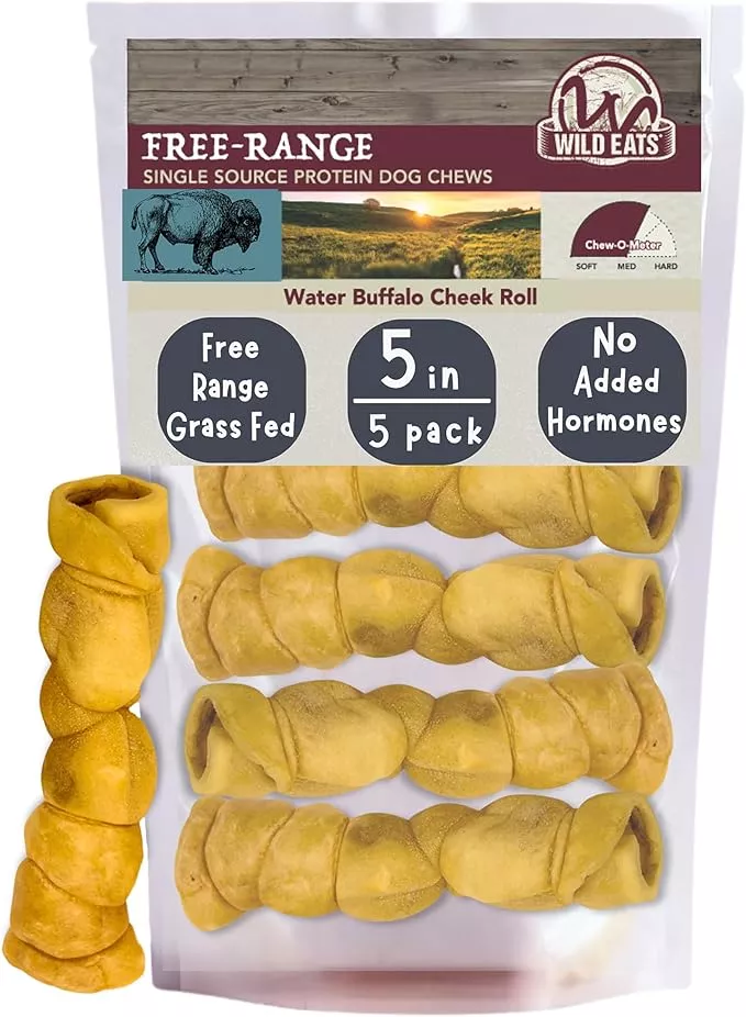 Wild Eats Water Buffalo Retriever Style Cheek Roll Dog Chews – 5 Pack (Long Lasting Chews, Treats, Bones for Aggressive Chewers & Large Dogs) Great Substitute Pig Ears Dogs